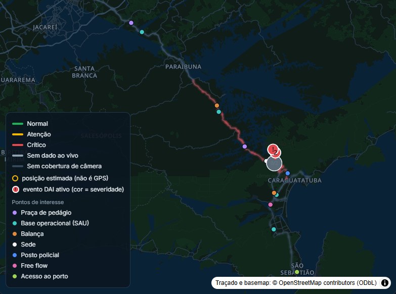 Mapa operacional real de uma rodovia, com o traçado, pontos de interesse, câmeras e eventos ativos